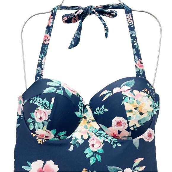 Janela Bay Riverwalk Floral Bra Top Tie Back One Piece Swimsuit Blue Pink Small - Picture 3 of 9